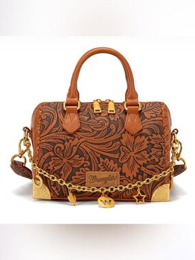 Wrangler Genuine Leather Tooled Floral Boston Crossbody Bag with Charm Chain nwt